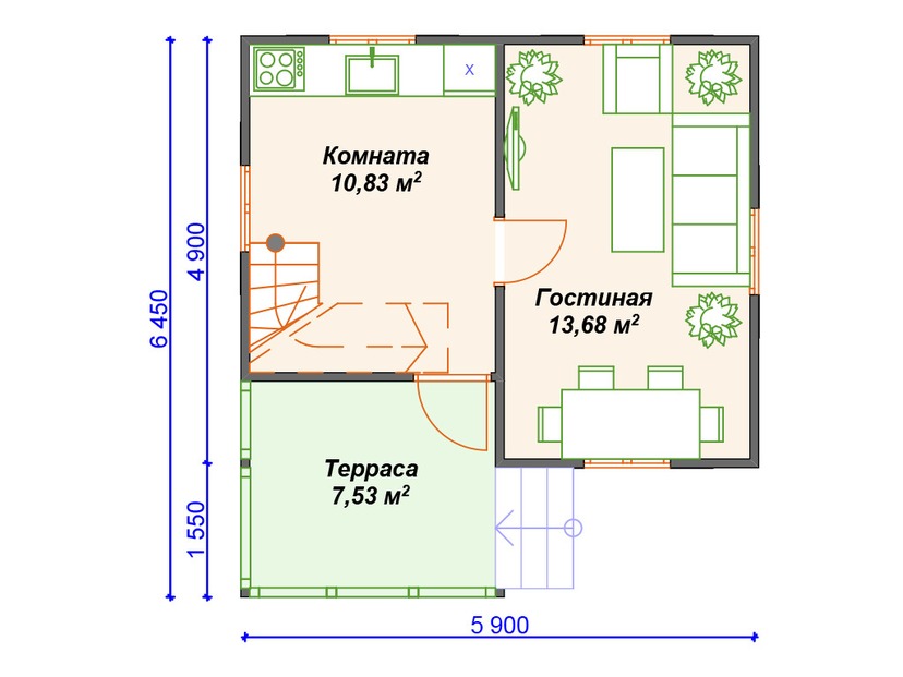 Дом из газобетонного блока с террасой, мансардой - VG449 "Дентон" план первого этаж