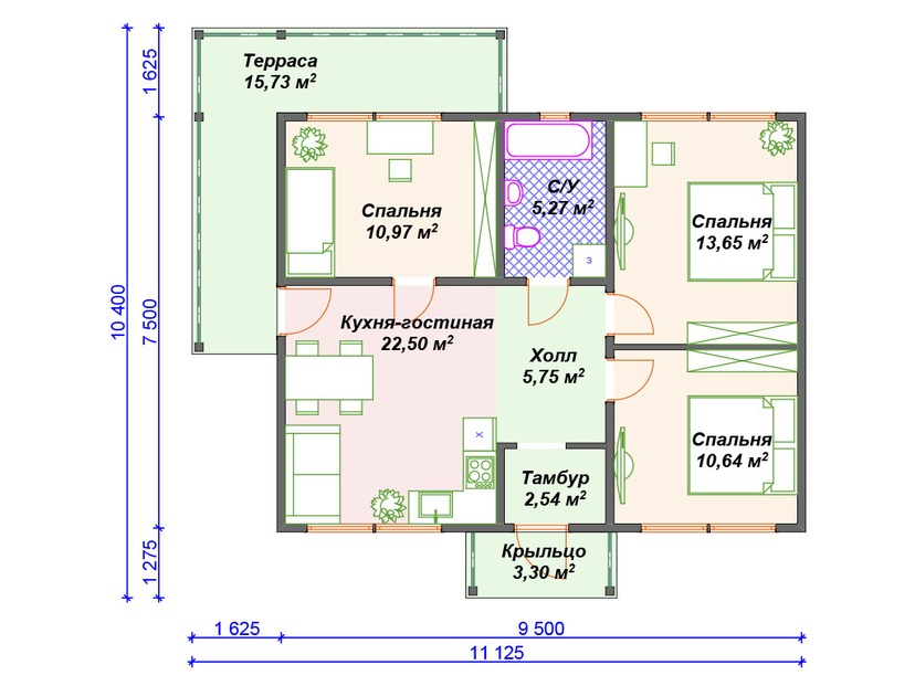 Каркасный дом 10x11 с террасой – проект V448 "Джексон" план первого этаж
