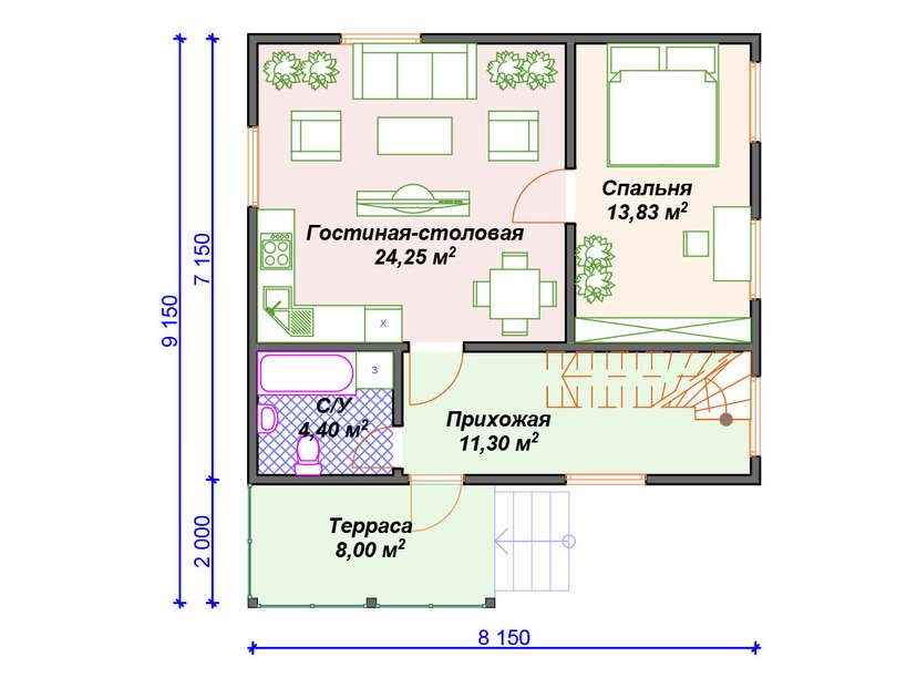 Дом из керамоблока VK459 "Визалия" c 2 спальнями план первого этаж