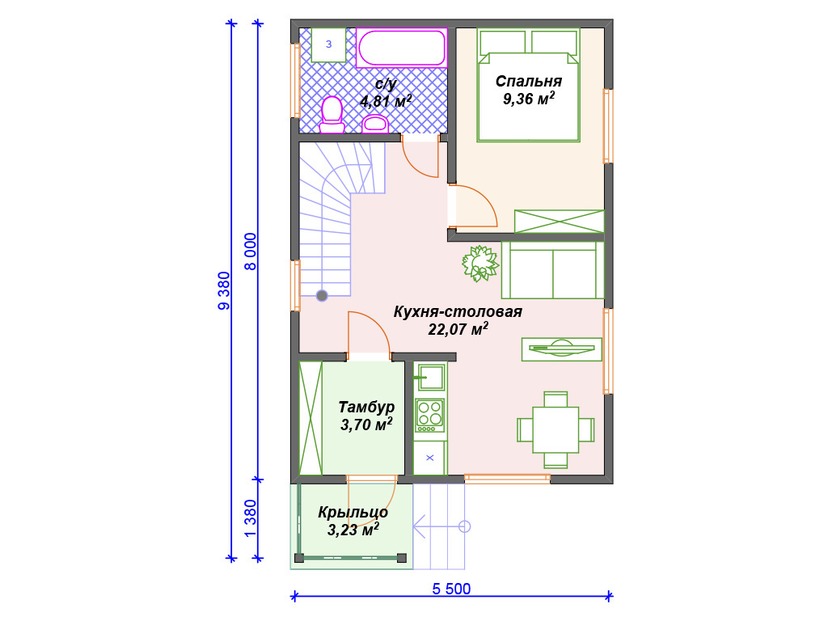 Каркасный дом 9x6 с мансардой – проект V458 "Вустер" план первого этаж