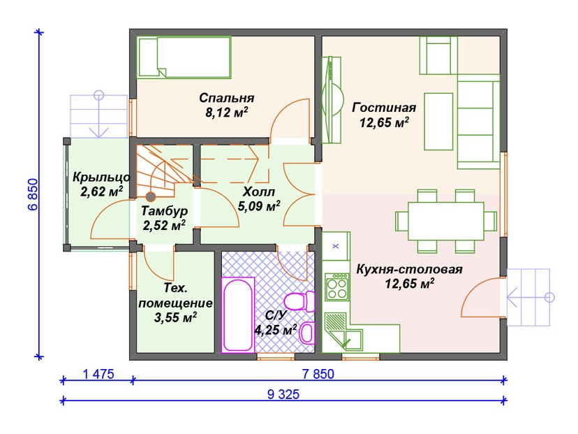 Каркасный дом 7x9 с мансардой – проект V445 "Эвансвилл" план первого этаж