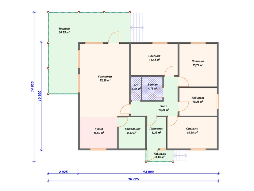 Каркасный дом 15x17 с котельной, террасой – проект V444 "Элгин" план первого этаж