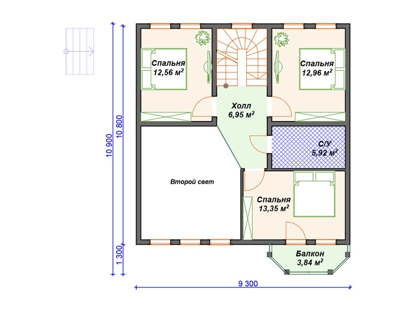 Каркасный дом 12x12 с котельной, балконом, террасой – проект V457 "Ванкувер" план мансардного этажа