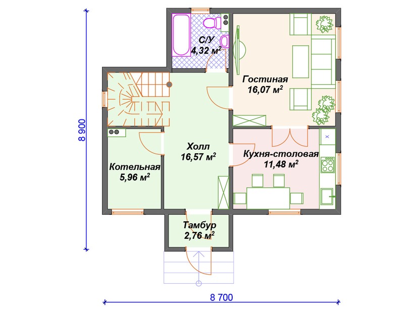 Каркасный дом 9x9 с котельной, мансардой – проект V456 "Викторвилл" план первого этаж