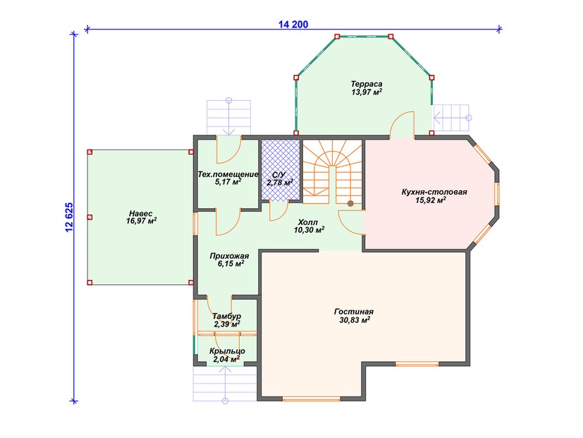 Каркасный дом 13x14 с террасой, эркером – проект V455 "Давенпорт" план первого этаж