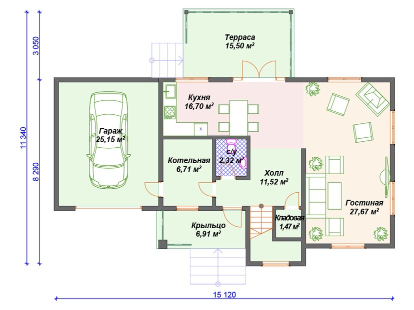 Дом из керамоблока VK462 "Валледжо" c 2 спальнями план первого этаж
