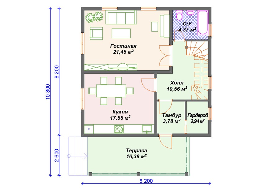 Дом из керамоблока VK450 "Денвер" c 2 спальнями план первого этаж