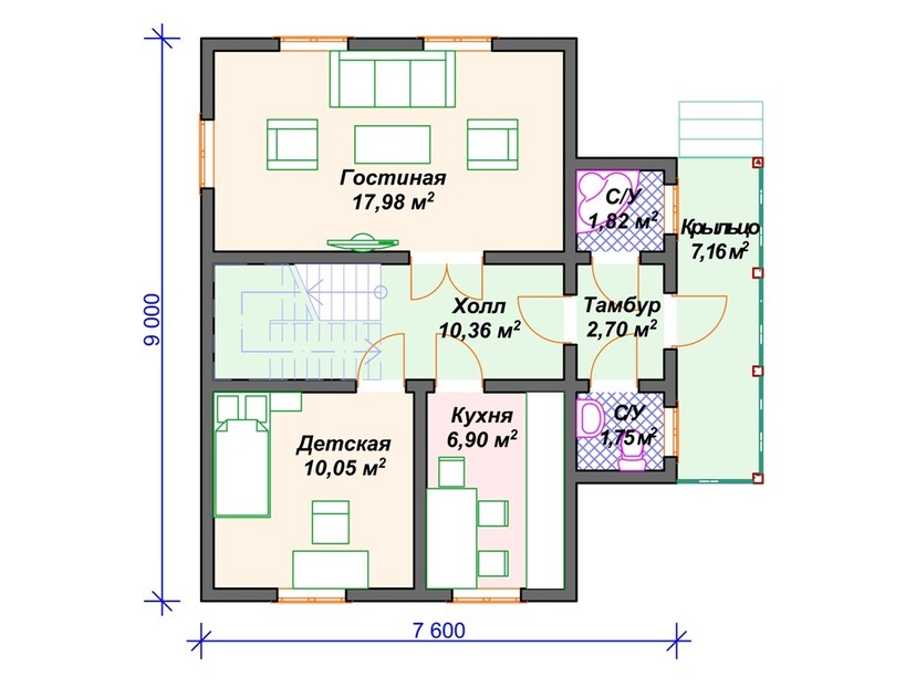 Каркасный дом 9x8 с мансардой – проект V387 "Сиракьюс" план первого этаж