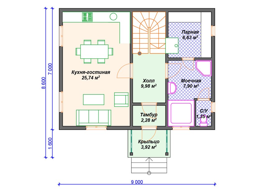 Каркасный дом 9x9 с сауной, мансардой – проект V416 "Кейп Корал" план первого этаж