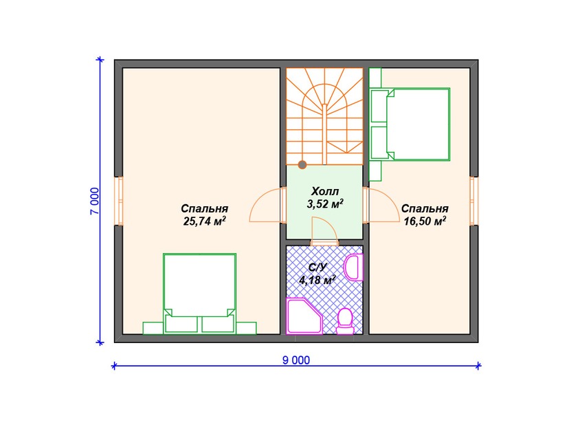 Каркасный дом 9x9 с сауной, мансардой – проект V416 "Кейп Корал" план мансардного этажа