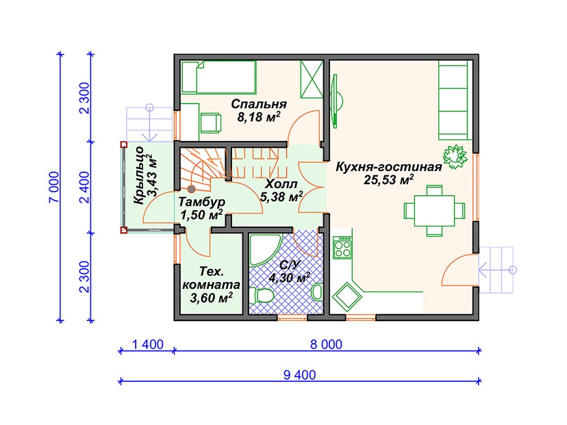 Каркасный дом 7x9 с мансардой – проект V366 "Хартфорд" план первого этаж