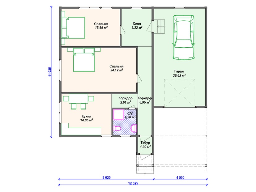 Каркасный дом 11x13 с гаражом – проект V441 "Эри" план первого этаж