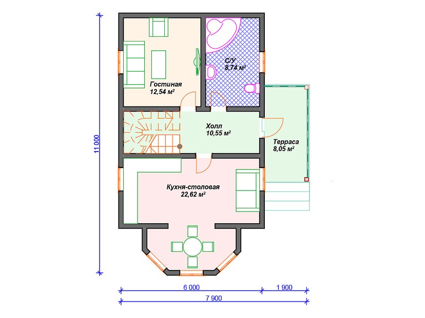 Каркасный дом 11x8 с террасой, эркером, мансардой – проект V386 "Сиэтл" план первого этаж