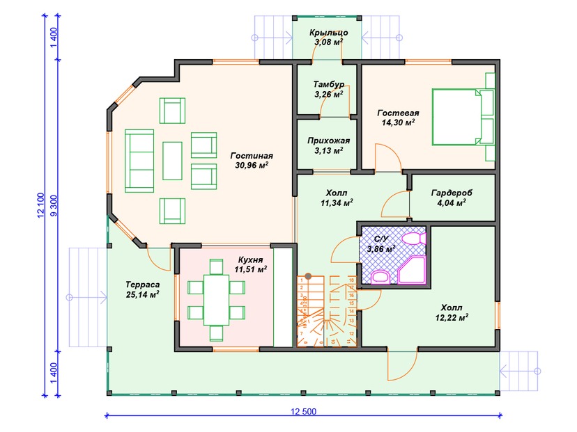 Дом из керамоблока VK439 "Шривпорт" c 4 спальнями план первого этаж