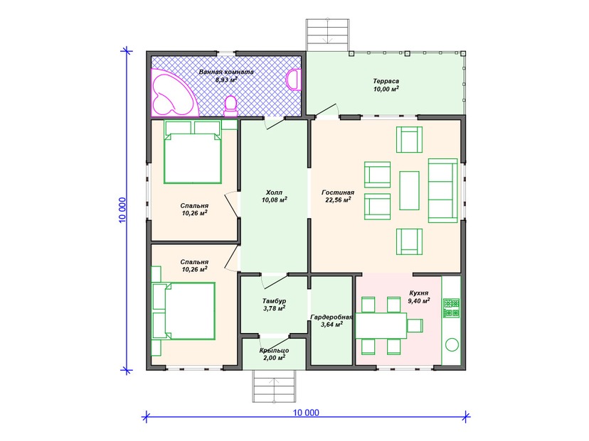 Дом из керамоблока VK413 "Кливленд" c 2 спальнями план первого этаж