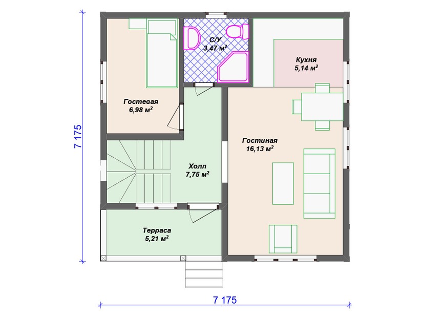 Дом из керамоблока VK412 "Коламбус" c 4 спальнями план первого этаж