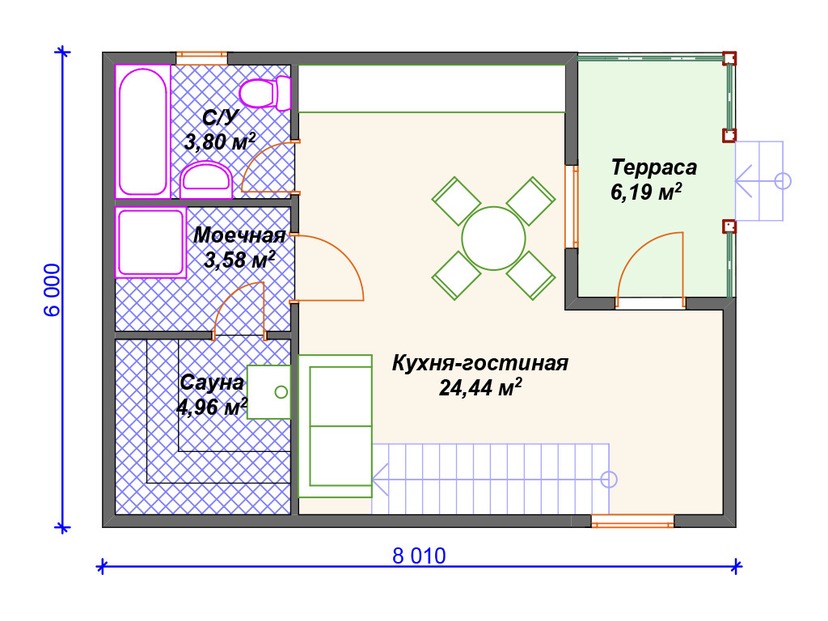 Дом из газобетонного блока с сауной, террасой - VG438 "Абилин" план первого этаж