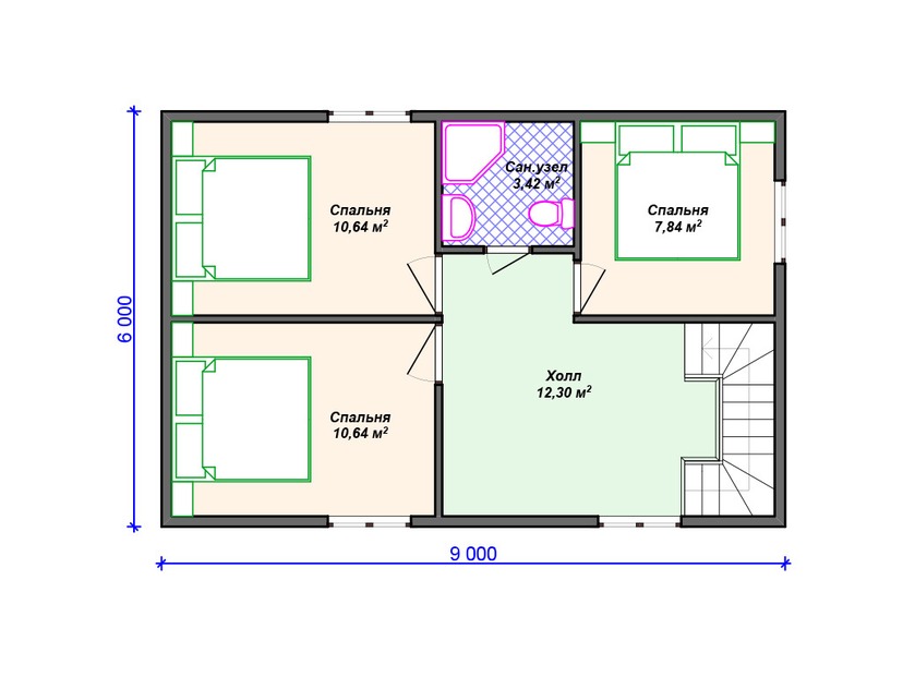 Дом из керамоблока VK411 "Коламбус" c 3 спальнями план мансардного этажа