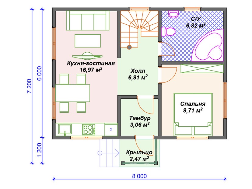 Газобетонный дом с мансардой - VG383 "Спрингфилд" план первого этаж