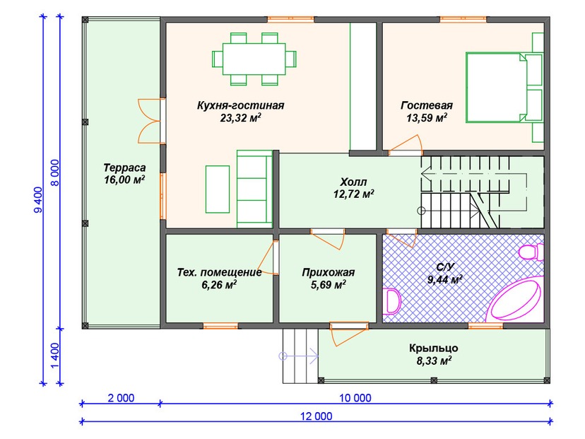 Дом из керамоблока VK437 "Аврора" c 3 спальнями план первого этаж