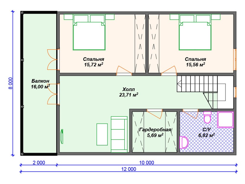 Дом из керамоблока VK437 "Аврора" c 3 спальнями план мансардного этажа