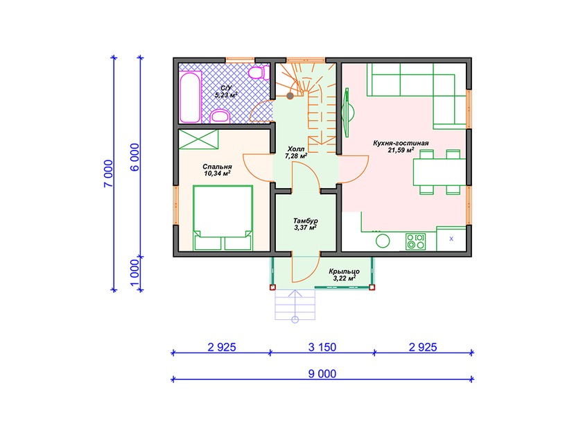 Каркасный дом 7x9 с мансардой – проект V373 "Толедо" план первого этаж