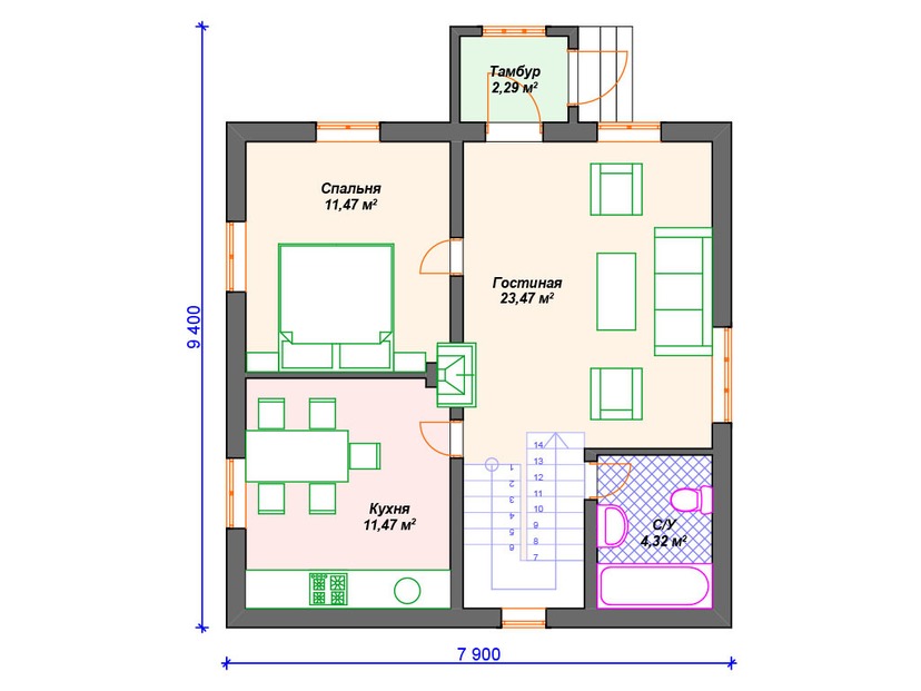 Каркасный дом 9x8 с мансардой – проект V409 "Конкорд" план первого этаж