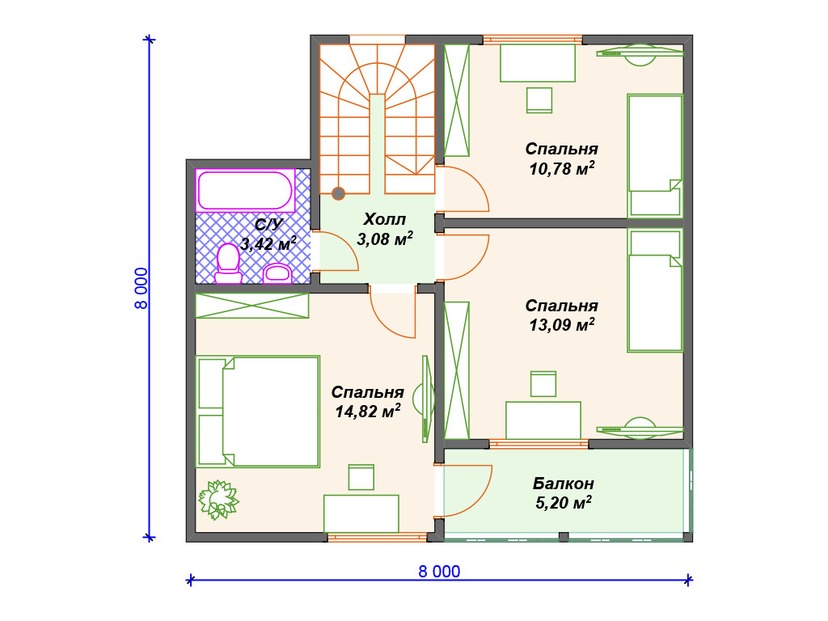 Каркасный дом 8x8 с балконом, котельной, мансардой – проект V381 "Стоктон" план мансардного этажа