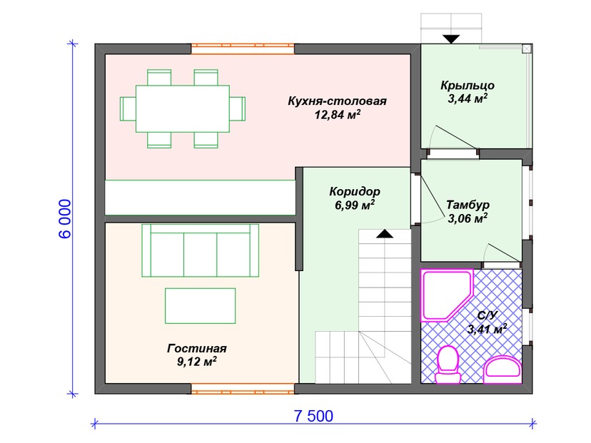 Дом из керамоблока VK435 "Аллентаун" c 2 спальнями план первого этаж