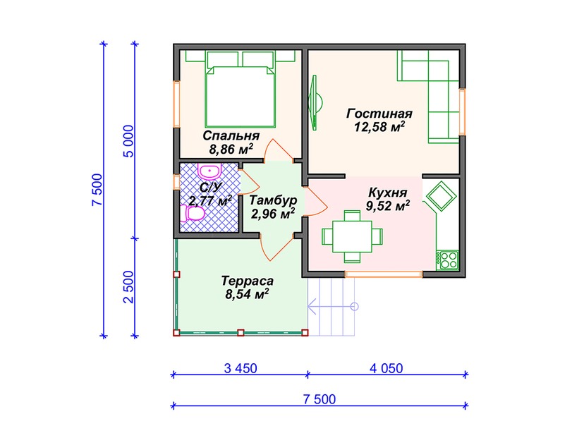 Дом из керамического блока VK370 "Торранс" c 1 спальней план первого этаж