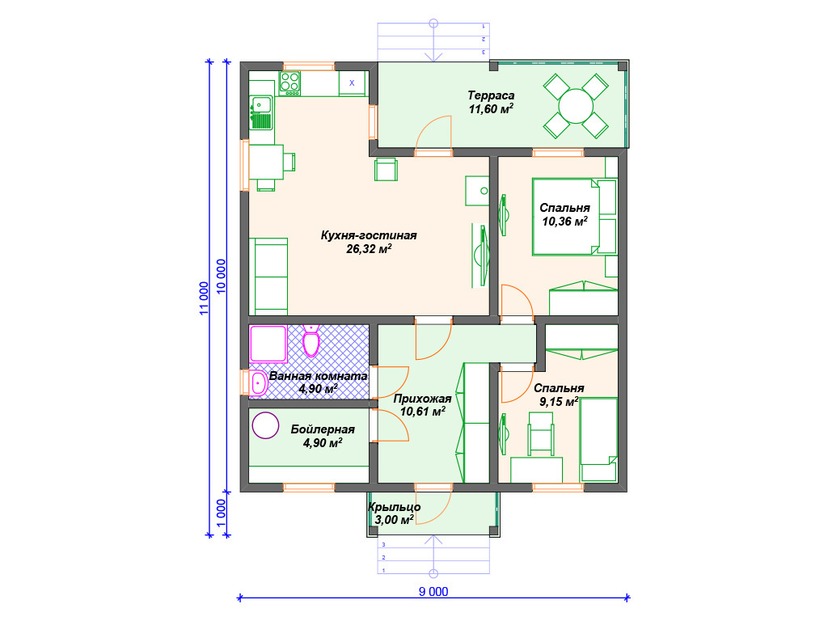 Каркасный дом 11x9 с котельной, террасой – проект V406 "Кэмбридж" план первого этаж