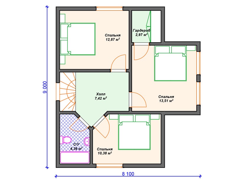 Каркасный дом 9x8 с террасой, котельной, мансардой – проект V405 "Кэри" план мансардного этажа