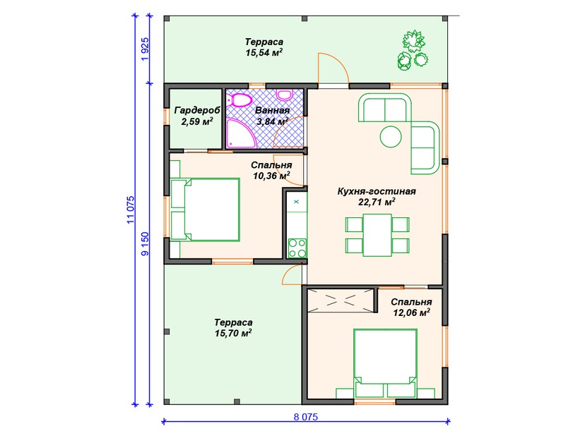 Каркасный дом 11x8 с террасой – проект V431 "Атенс" план первого этаж