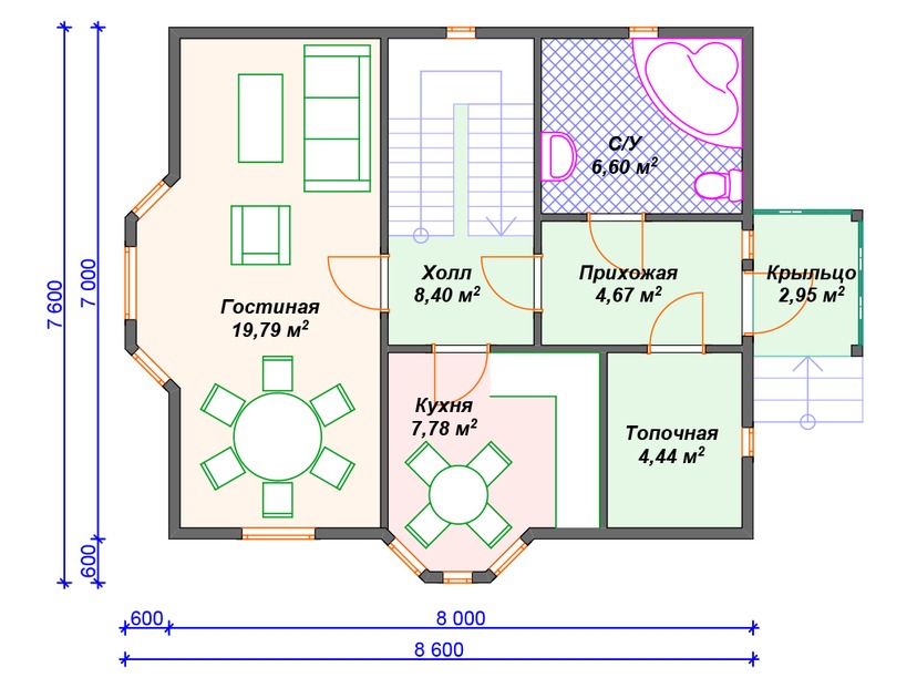 Каркасный дом 8x9 с котельной, эркером, мансардой – проект V430 "Балтимор" план первого этаж