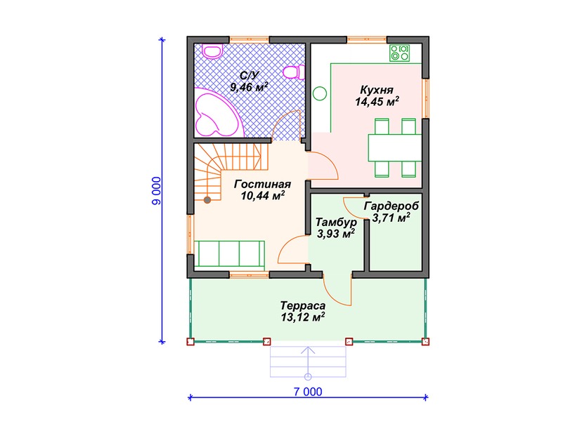 Каркасный дом 9x7 с террасой, мансардой – проект V379 "Су-Фолс" план первого этаж