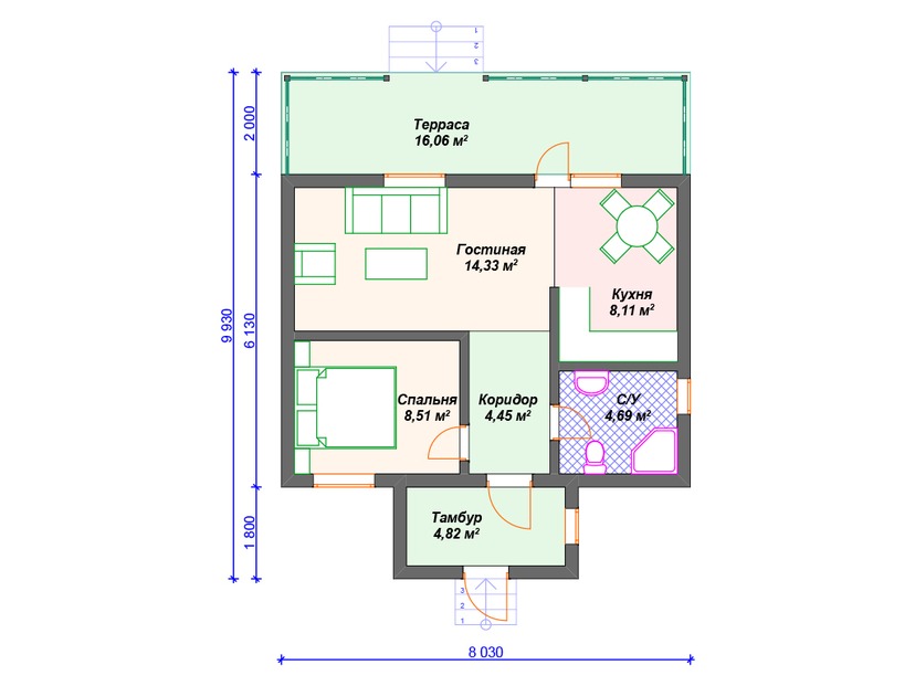 Каркасный дом 10x8 с террасой – проект V429 "Баффало" план первого этаж