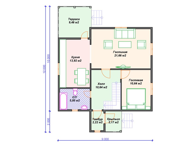Каркасный дом 12x9 с террасой, мансардой – проект V403 "Сакраменто" план первого этаж
