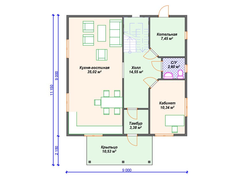 Дом из керамоблока VK427 "Бейкерсфилд" c 4 спальнями план первого этаж