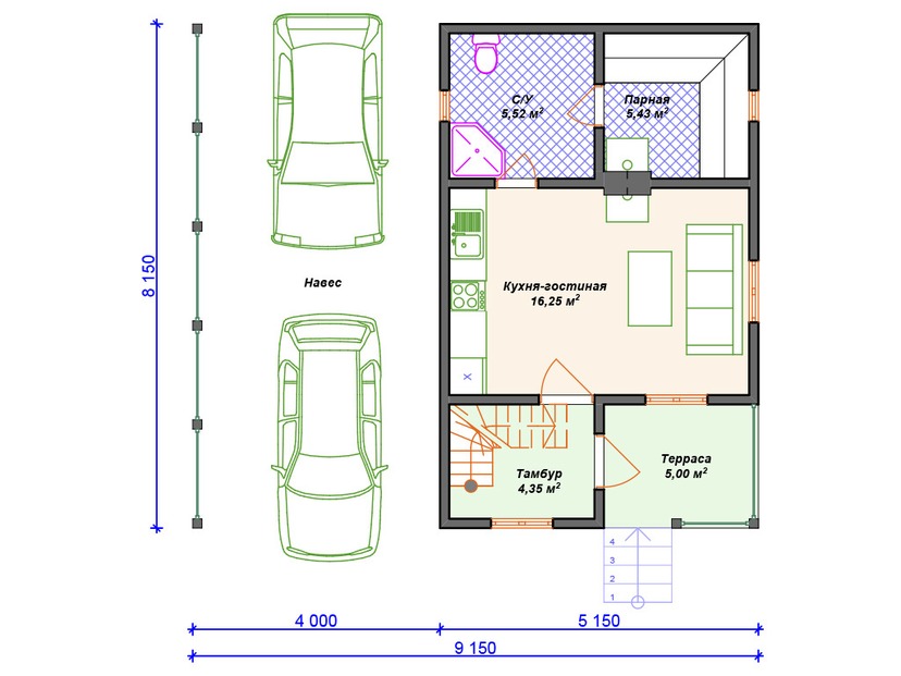 Каркасный дом 8x9 с сауной, балконом, террасой – проект V402 "Салинас" план первого этаж