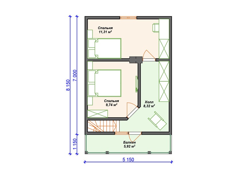Каркасный дом 8x9 с сауной, балконом, террасой – проект V402 "Салинас" план мансардного этажа