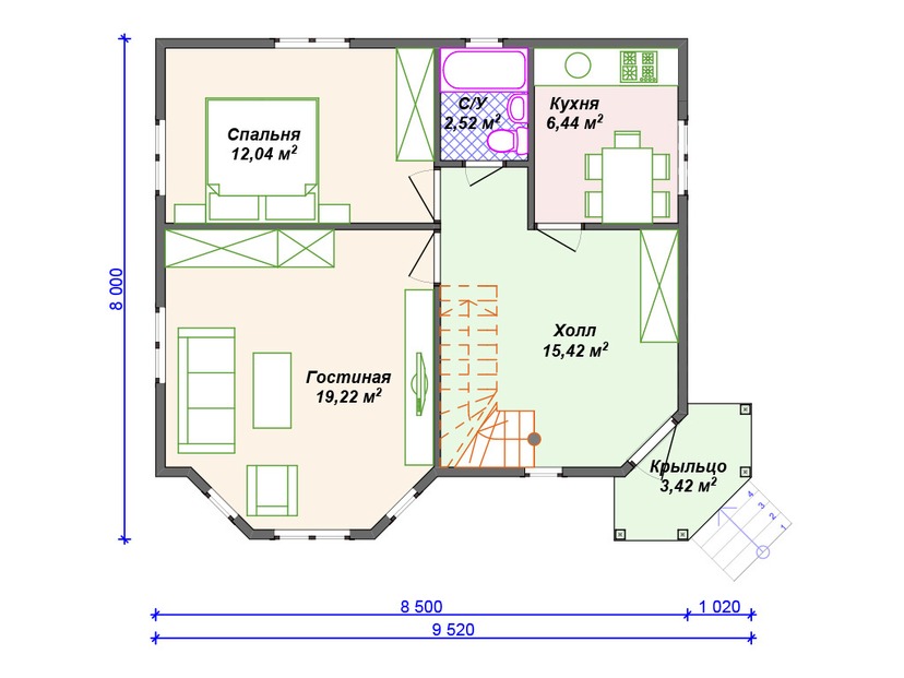 Дом из керамического блока VK400 "Сан-Бернардино" c 4 спальнями план первого этаж