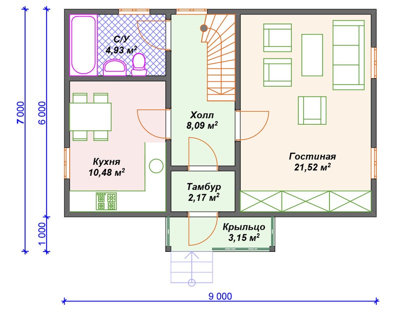 Каркасный дом 7x9 с мансардой – проект V399 "Саннивейл" план первого этаж