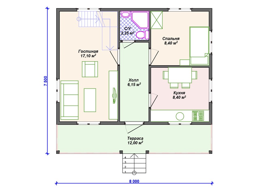 Каркасный дом 8x8 с балконом, террасой, мансардой – проект V397 "Санта-Клара" план первого этаж