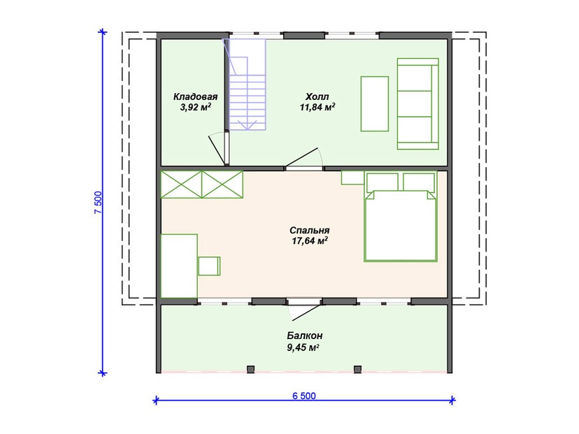 Каркасный дом 8x8 с балконом, террасой, мансардой – проект V397 "Санта-Клара" план мансардного этажа