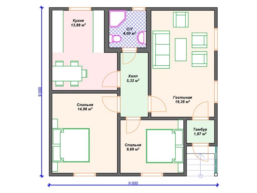 Дом из керамоблока VK425 "Беркли" c 2 спальнями план первого этаж