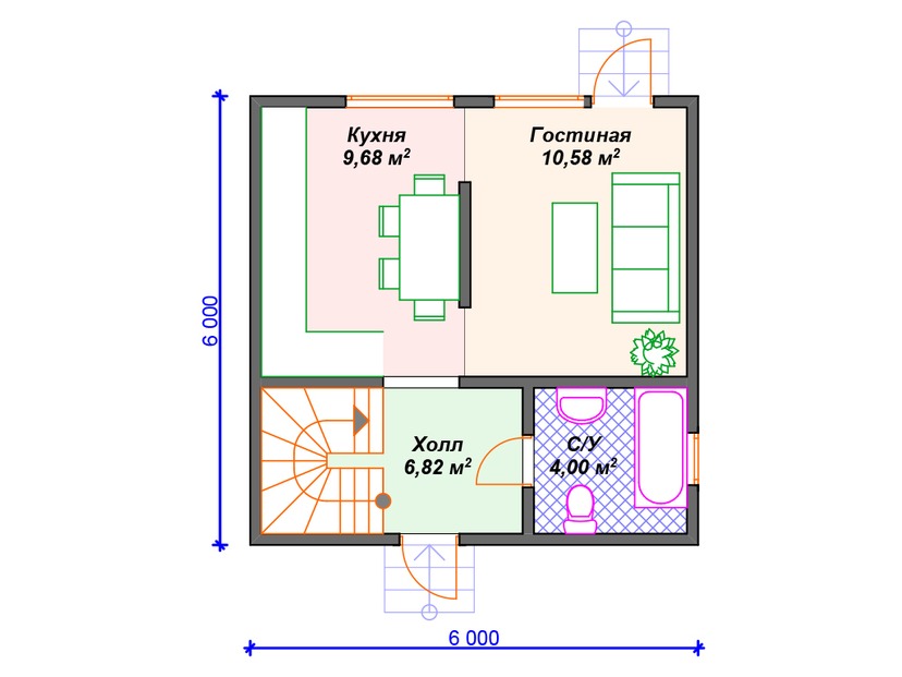 Каркасный дом 6x6 с мансардой – проект V424 "Биллингс" план первого этаж