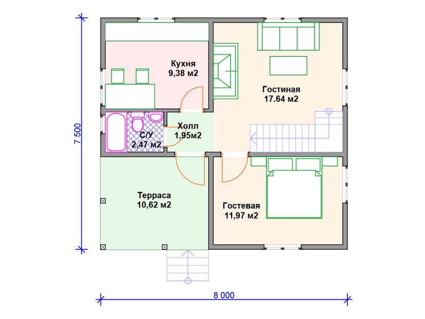 Каркасный дом 8x8 с террасой, мансардой – проект V395 "Сан-Хосе" план первого этаж