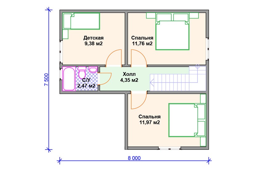 Каркасный дом 8x8 с террасой, мансардой – проект V395 "Сан-Хосе" план мансардного этажа