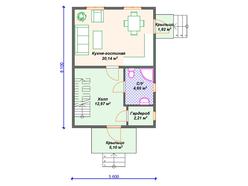 Дом из керамоблока VK423 "Бирмингем" c 2 спальнями план первого этаж