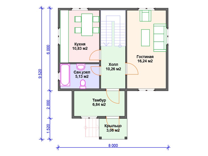 Каркасный дом 10x8 с мансардой – проект V394 "Саут-Бенд" план первого этаж